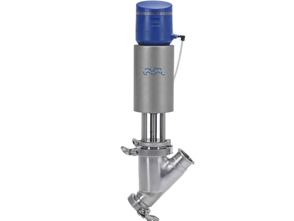 Unique SSV Y-body valve by Alfa Laval, designed for gentle handling of high-viscosity flows and large particles in hygienic systems.